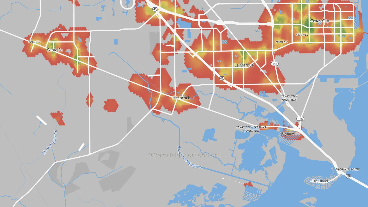 Walk Grade map of Hitchcock, TX, walkable areas in green and car-dependent areas in red