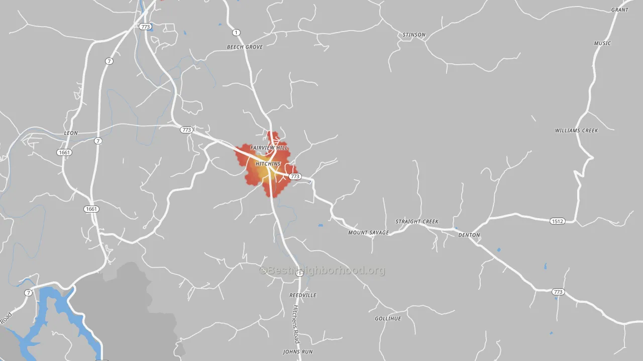 Walk Grade map of Hitchins, KY, walkable areas in green and car-dependent areas in red