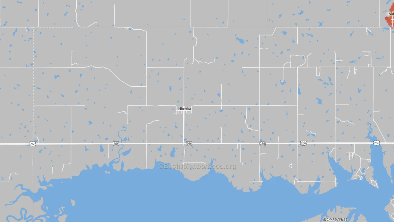 Walk Grade map of Hitchita, OK, walkable areas in green and car-dependent areas in red