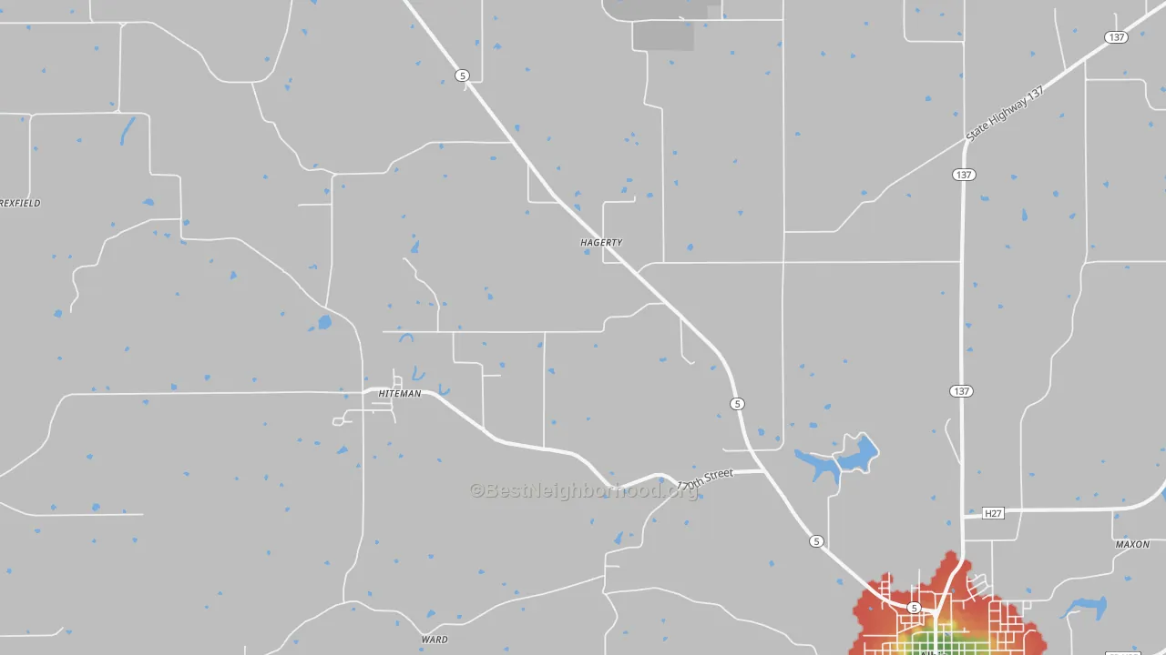 Walk Grade map of Hiteman, IA, walkable areas in green and car-dependent areas in red