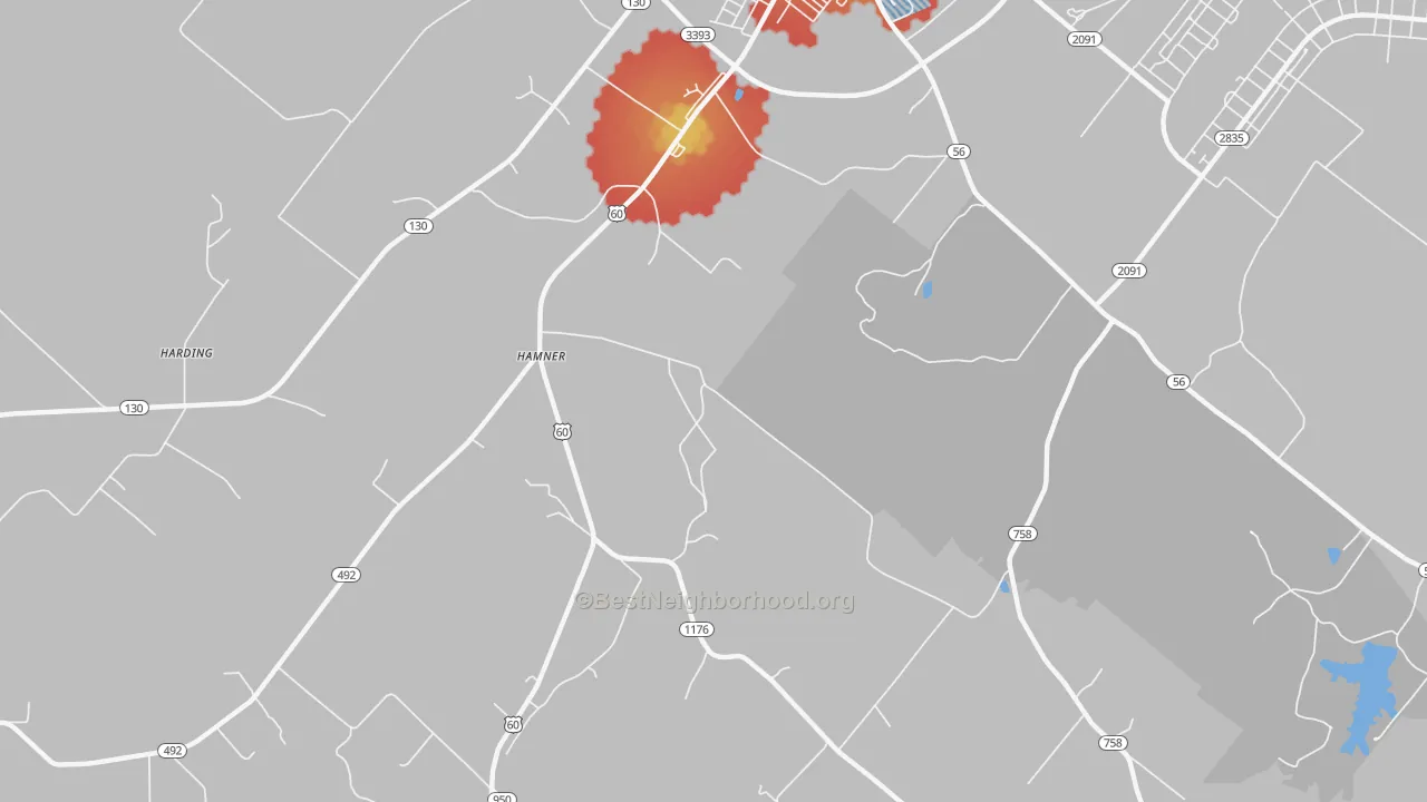 Walk Grade map of Hitesville, KY, walkable areas in green and car-dependent areas in red