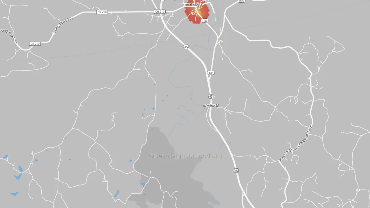 Walk Grade map of Hiwannee, MS, walkable areas in green and car-dependent areas in red