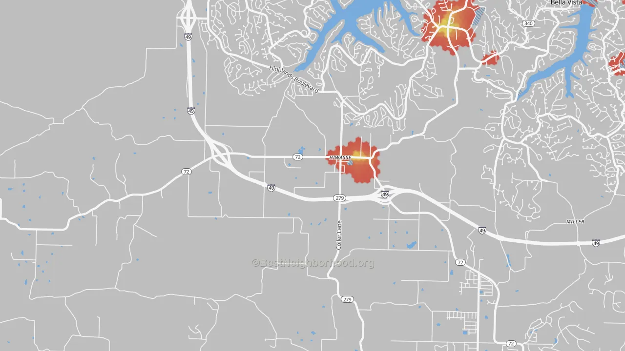 Walk Grade map of Hiwasse, AR, walkable areas in green and car-dependent areas in red