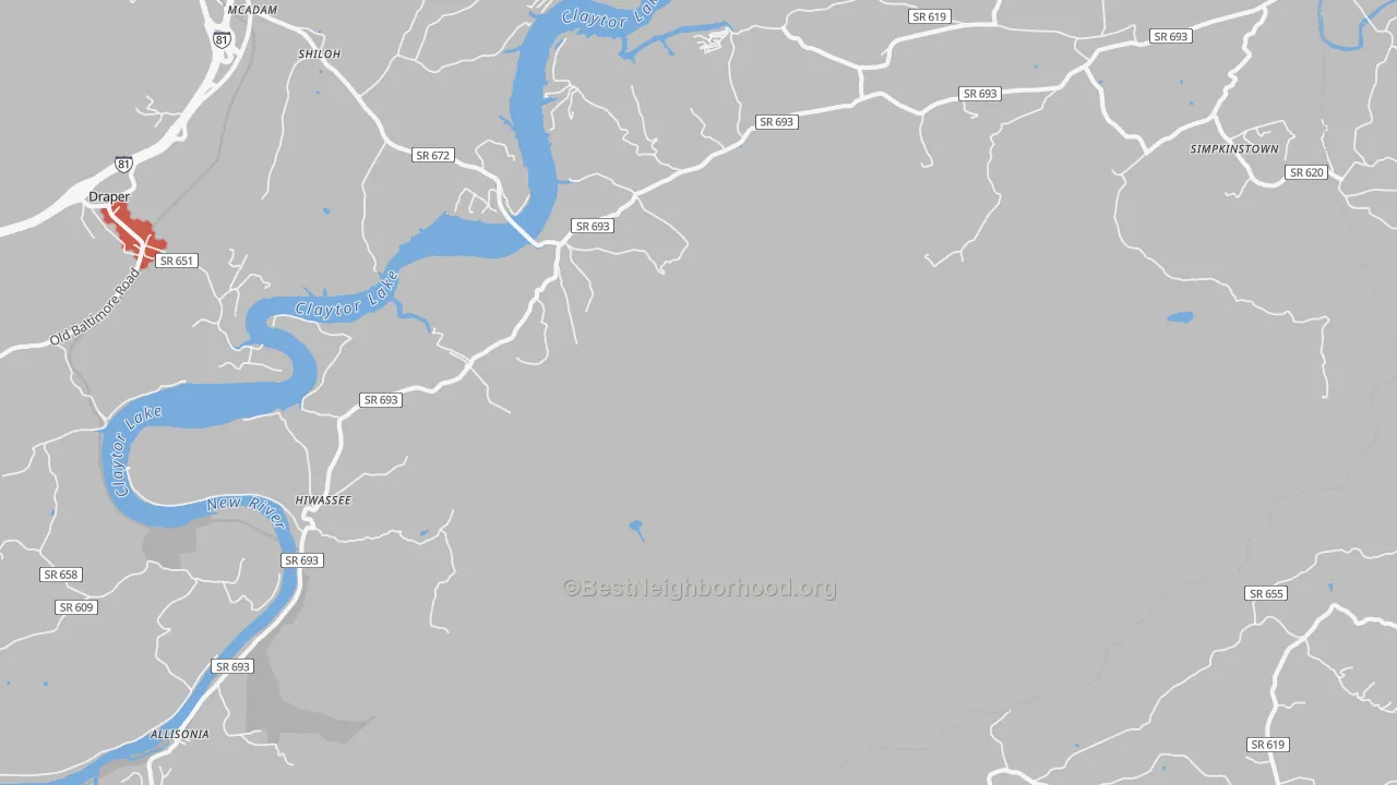 Walk Grade map of Hiwassee, VA, walkable areas in green and car-dependent areas in red
