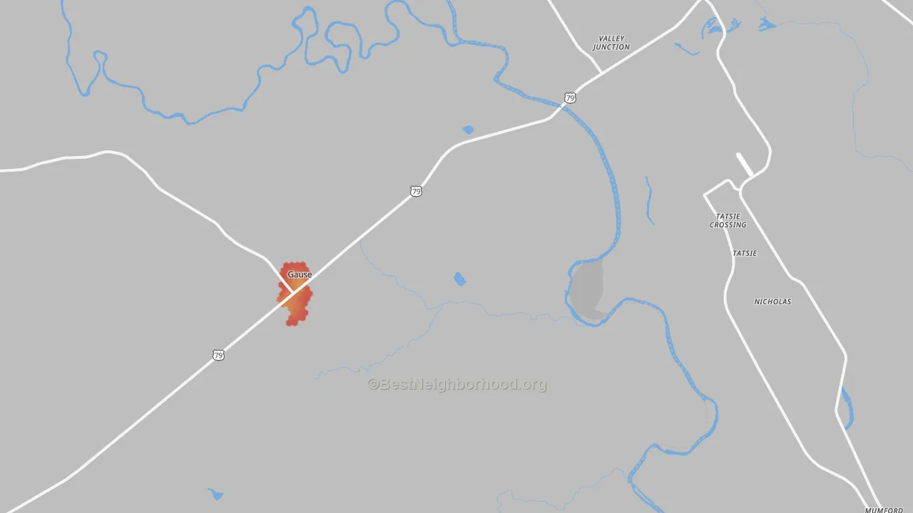 Walk Grade map of Hix, TX, walkable areas in green and car-dependent areas in red