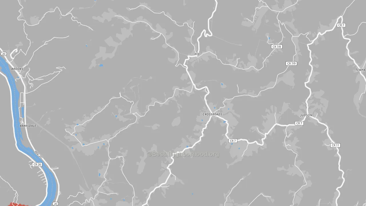 Walk Grade map of Hix, WV, walkable areas in green and car-dependent areas in red