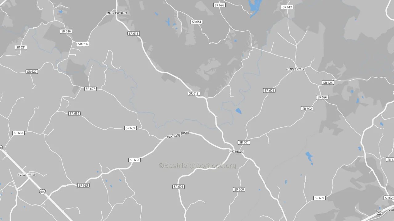Walk Grade map of Hixburg, VA, walkable areas in green and car-dependent areas in red