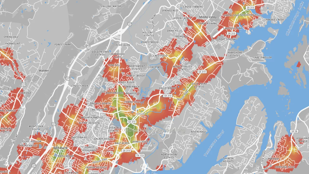 Walk Grade map of Hixson, TN, walkable areas in green and car-dependent areas in red