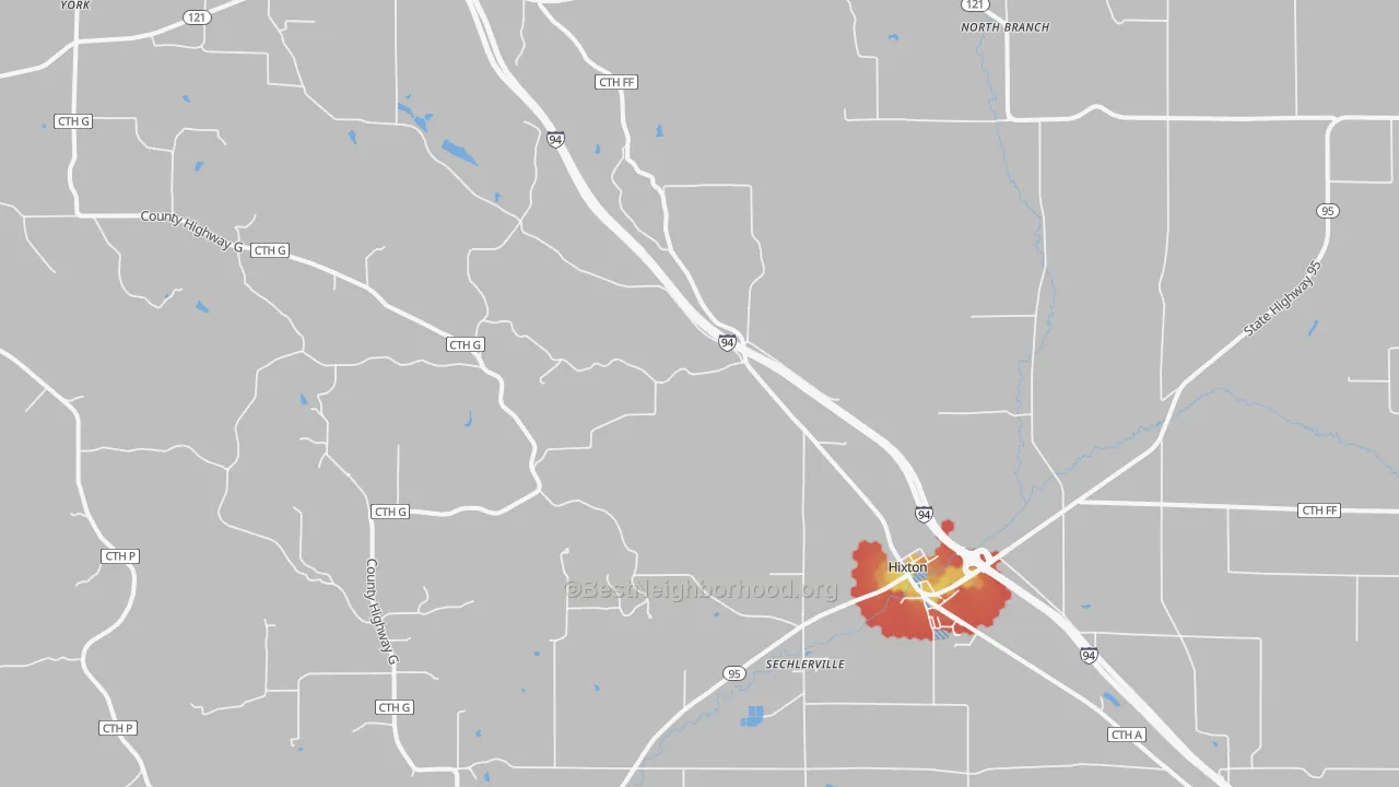 Walk Grade map of Hixton, WI, walkable areas in green and car-dependent areas in red