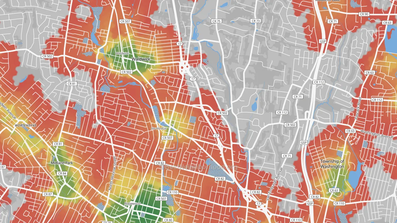 Walk Grade map of Ho-Ho-Kus, NJ, walkable areas in green and car-dependent areas in red