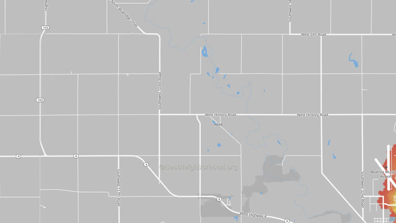Walk Grade map of Hoag, NE, walkable areas in green and car-dependent areas in red