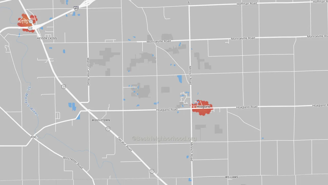 Walk Grade map of Hoagland, IN, walkable areas in green and car-dependent areas in red
