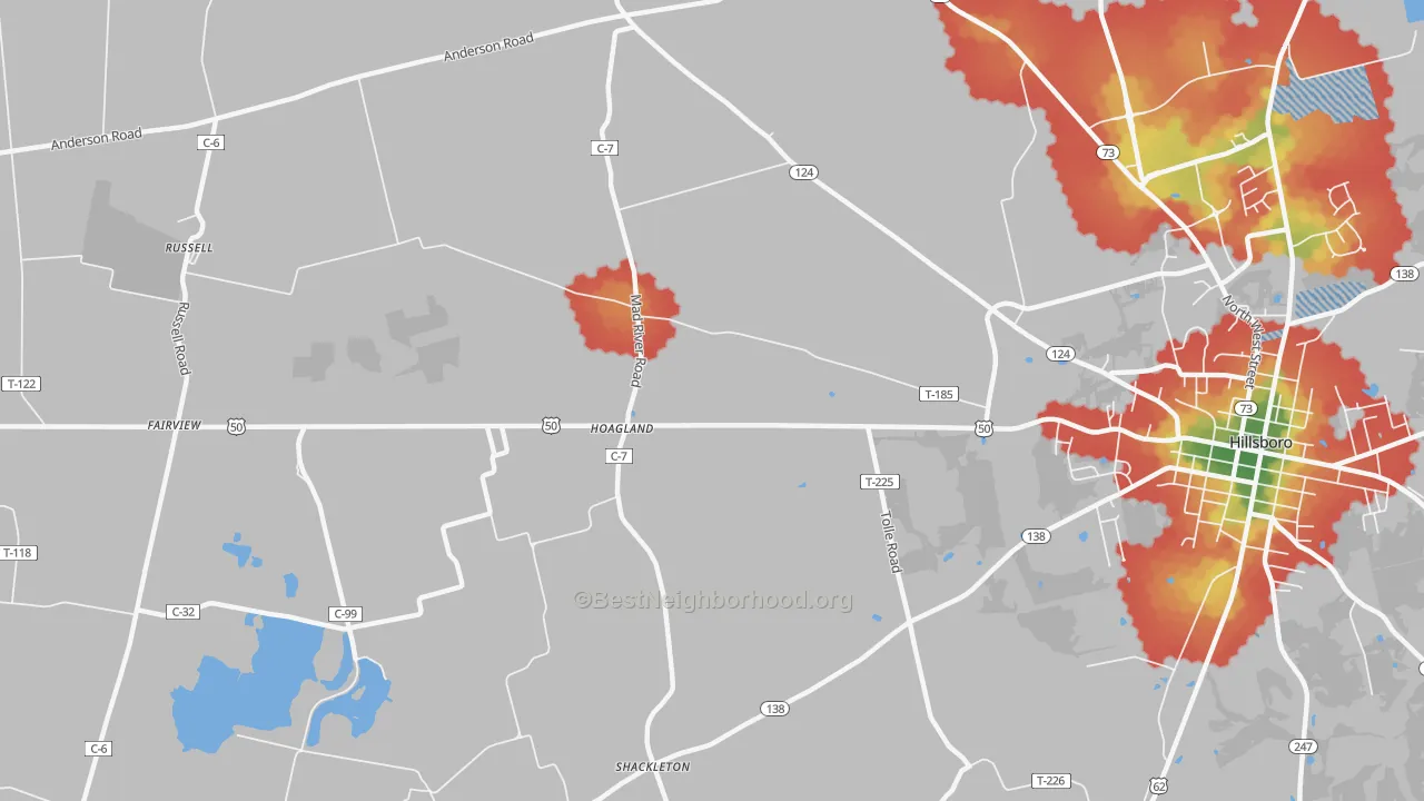 Walk Grade map of Hoagland, OH, walkable areas in green and car-dependent areas in red