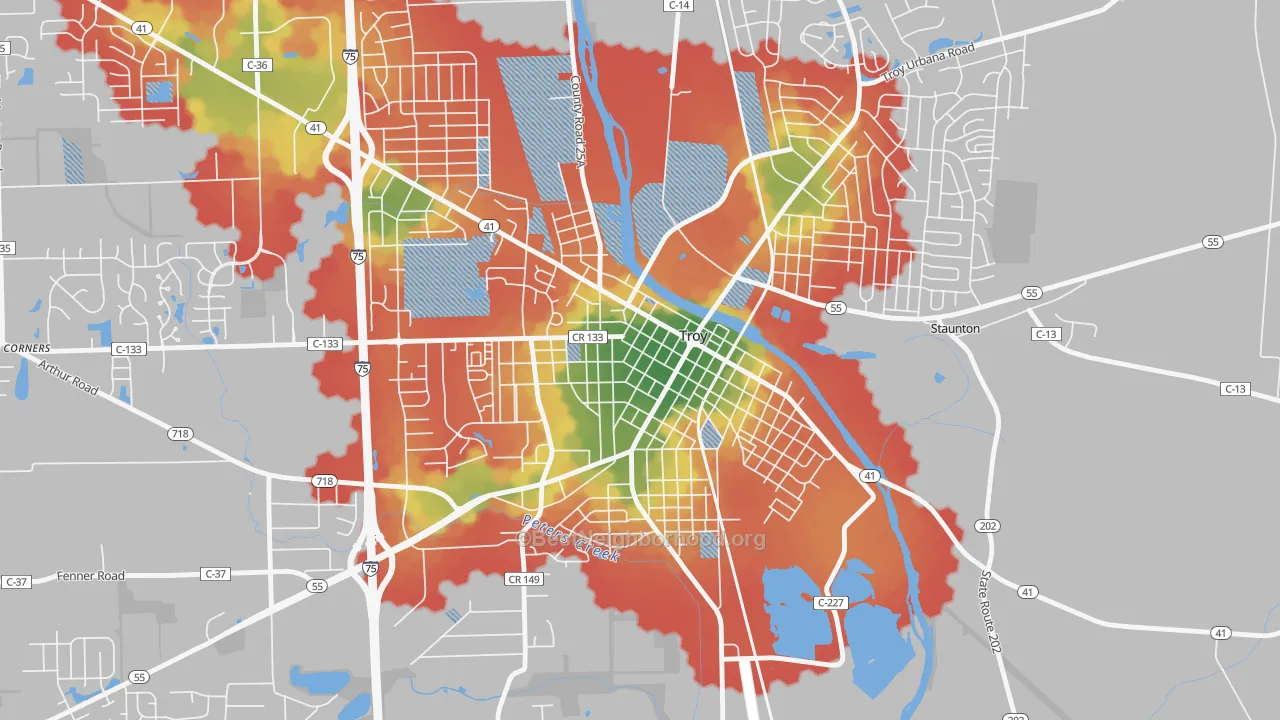 Walk Grade map of Hobart Circle Historic District, Troy, OH, walkable areas in green and car-dependent areas in red