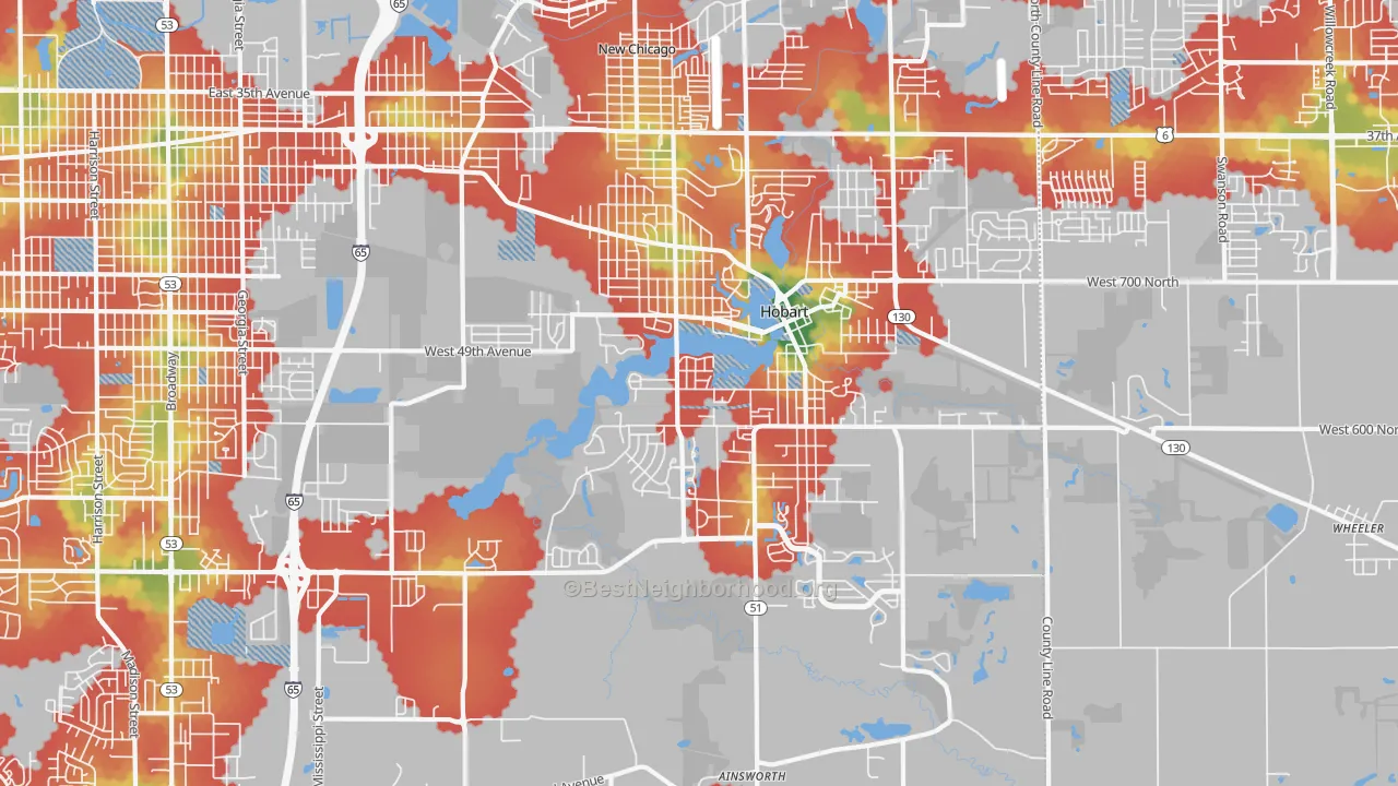 Walk Grade map of Hobart, IN, walkable areas in green and car-dependent areas in red
