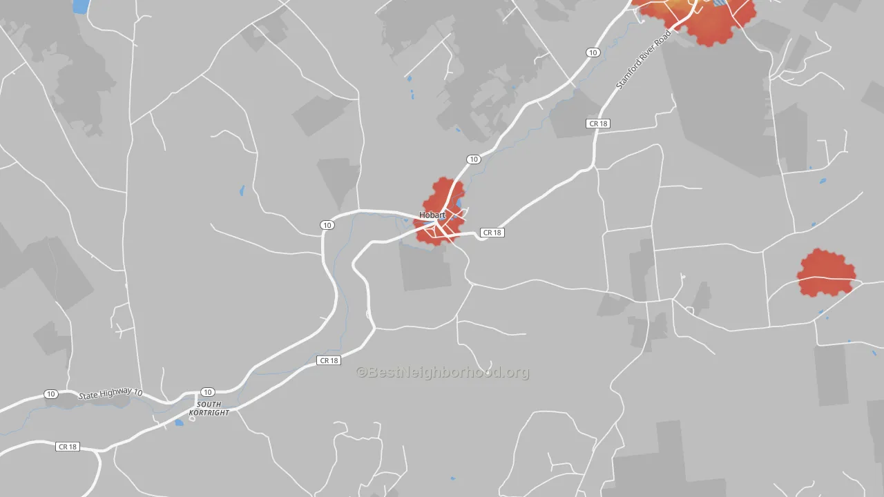 Walk Grade map of Hobart, NY, walkable areas in green and car-dependent areas in red