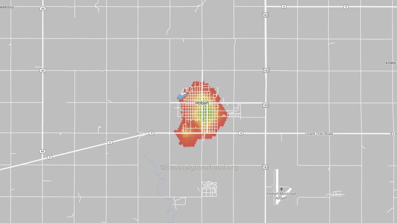 Walk Grade map of Hobart, OK, walkable areas in green and car-dependent areas in red