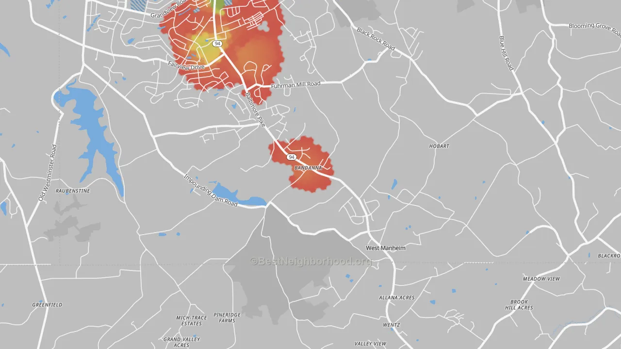 Walk Grade map of Hobart, PA, walkable areas in green and car-dependent areas in red