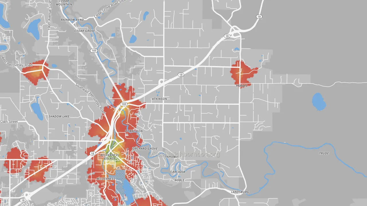 Walk Grade map of Hobart, WA, walkable areas in green and car-dependent areas in red