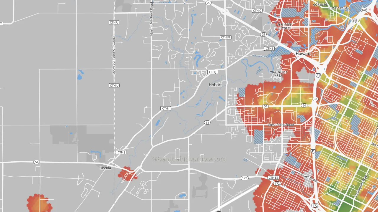 Walk Grade map of Hobart, WI, walkable areas in green and car-dependent areas in red