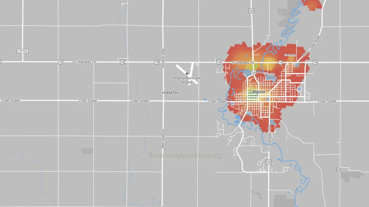 Walk Grade map of Hobarton, IA, walkable areas in green and car-dependent areas in red