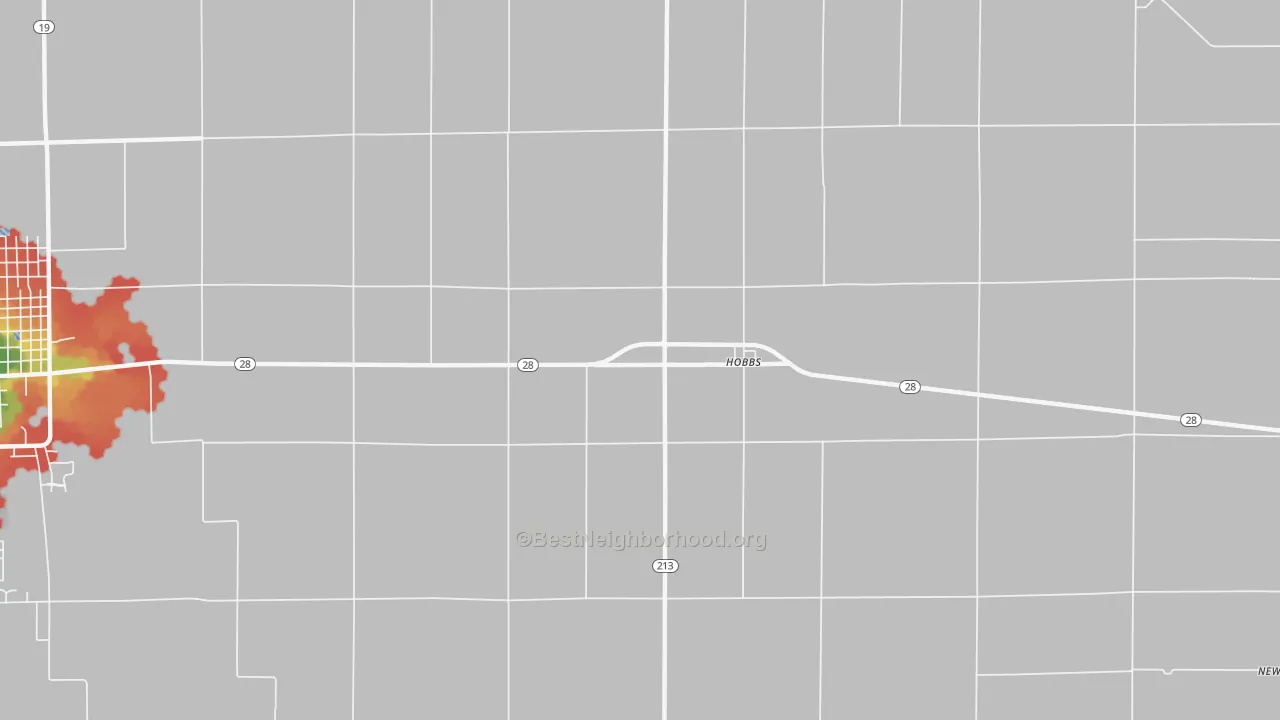 Walk Grade map of Hobbs, IN, walkable areas in green and car-dependent areas in red