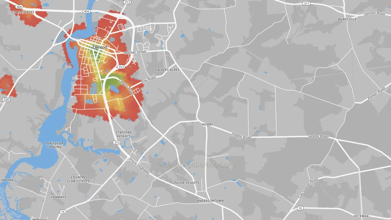 Walk Grade map of Hobbs, MD, walkable areas in green and car-dependent areas in red