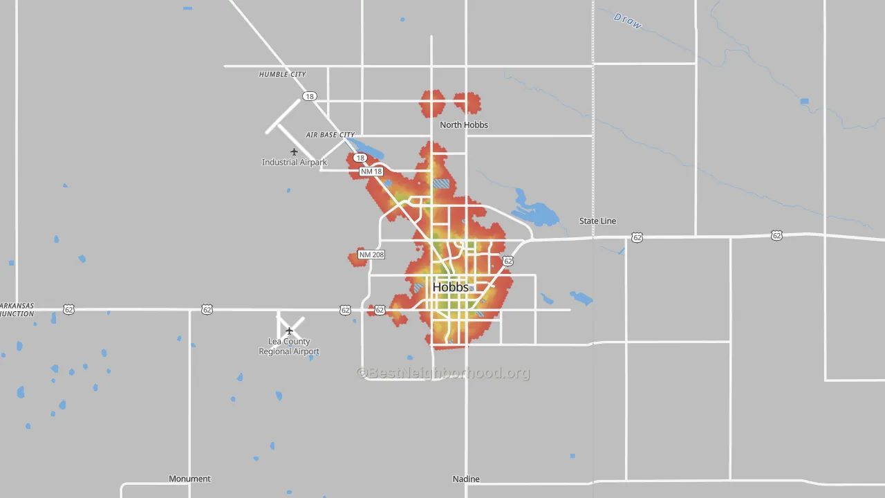 Walk Grade map of Hobbs, NM, walkable areas in green and car-dependent areas in red