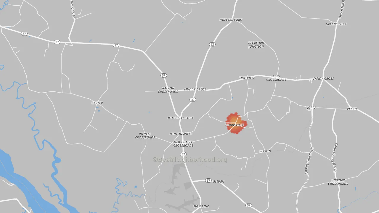 Walk Grade map of Hobbsville, NC, walkable areas in green and car-dependent areas in red
