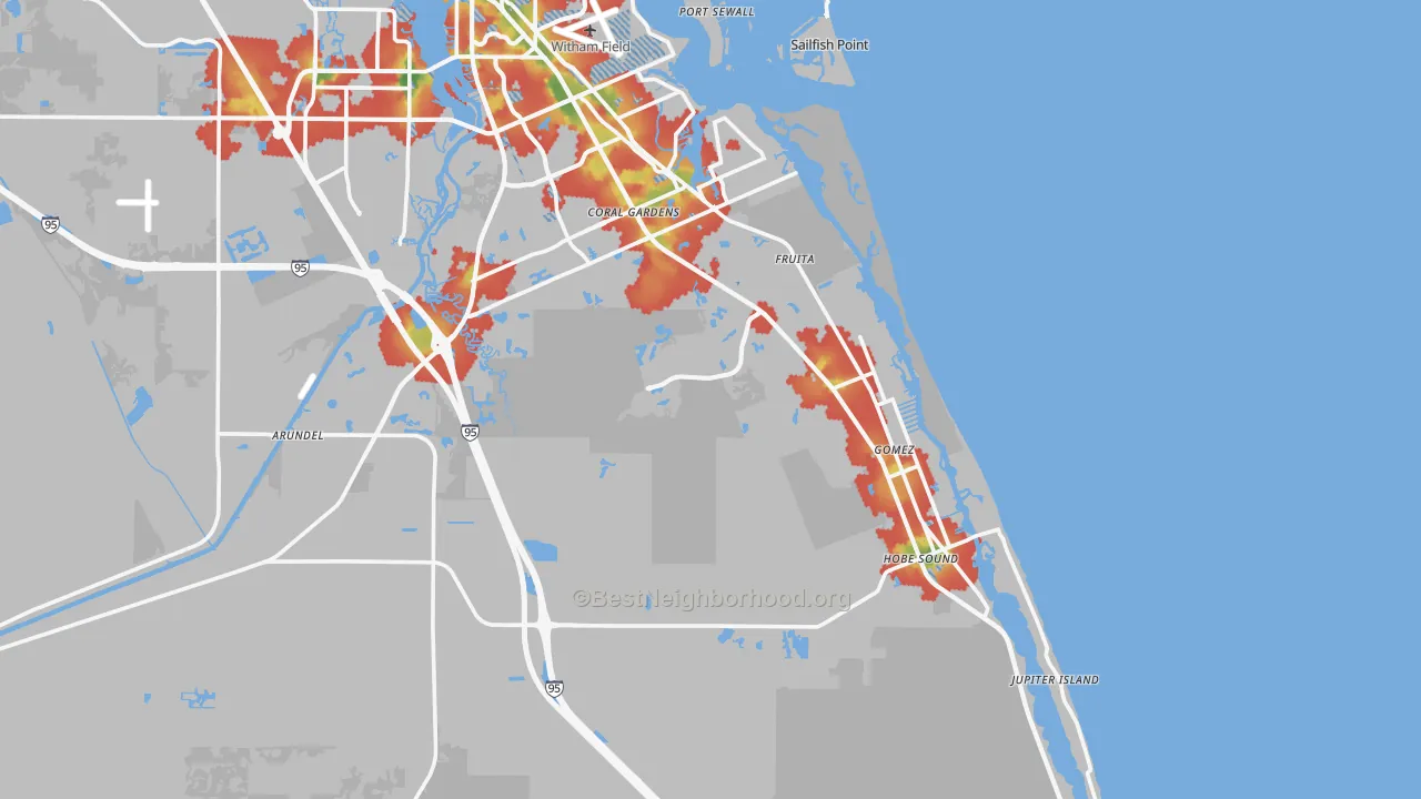 Walk Grade map of Hobe Sound, FL, walkable areas in green and car-dependent areas in red