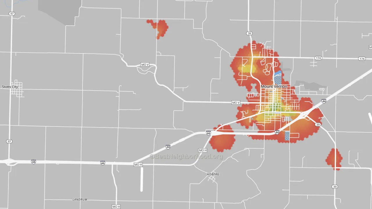 Walk Grade map of Hoberg, MO, walkable areas in green and car-dependent areas in red