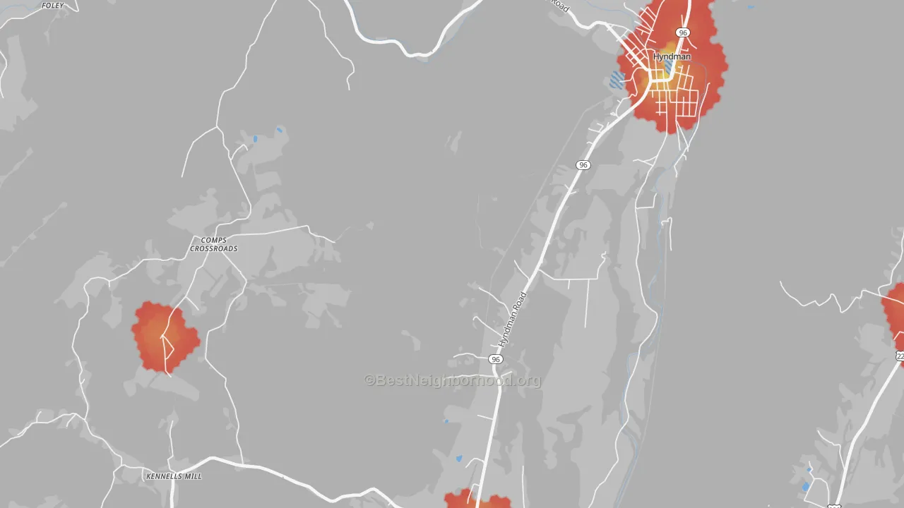Walk Grade map of Hoblitzell, PA, walkable areas in green and car-dependent areas in red
