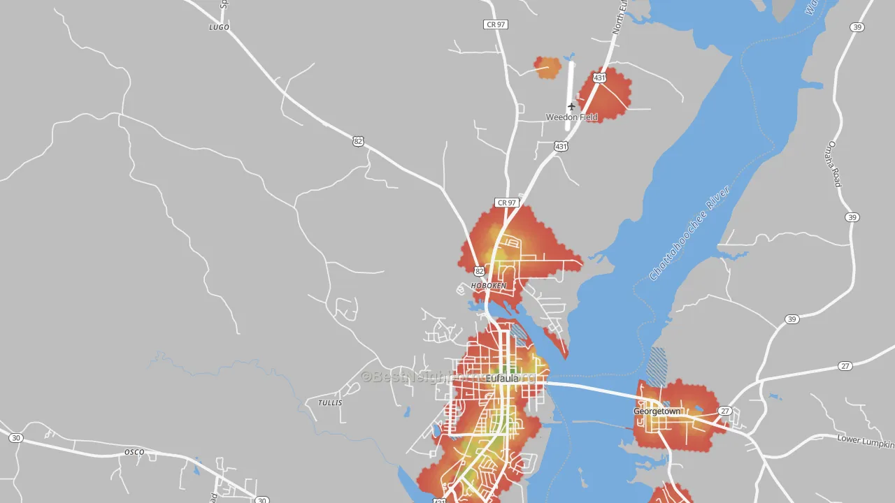 Walk Grade map of Hoboken, AL, walkable areas in green and car-dependent areas in red