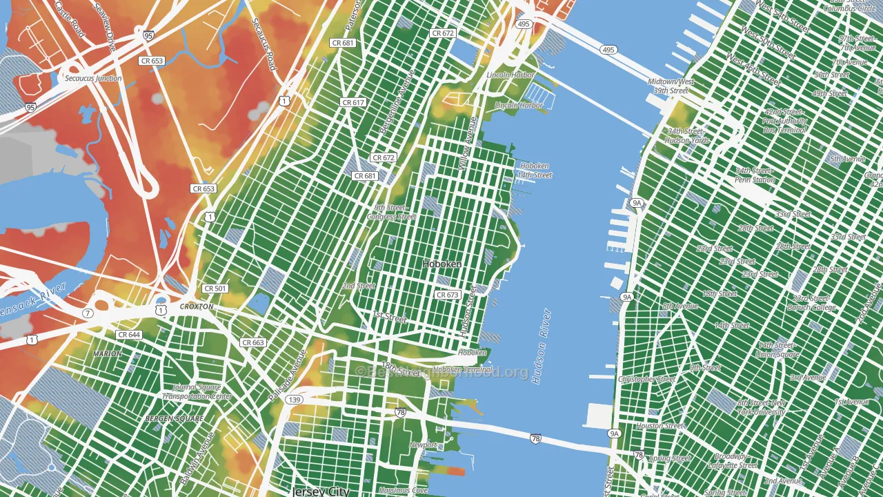 Walk Grade map of Hoboken, NJ, walkable areas in green and car-dependent areas in red