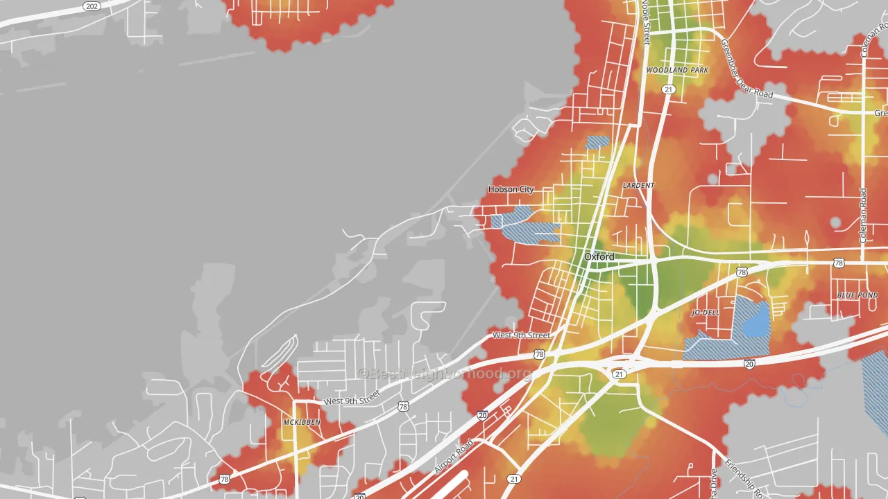 Walk Grade map of Hobson City, AL, walkable areas in green and car-dependent areas in red