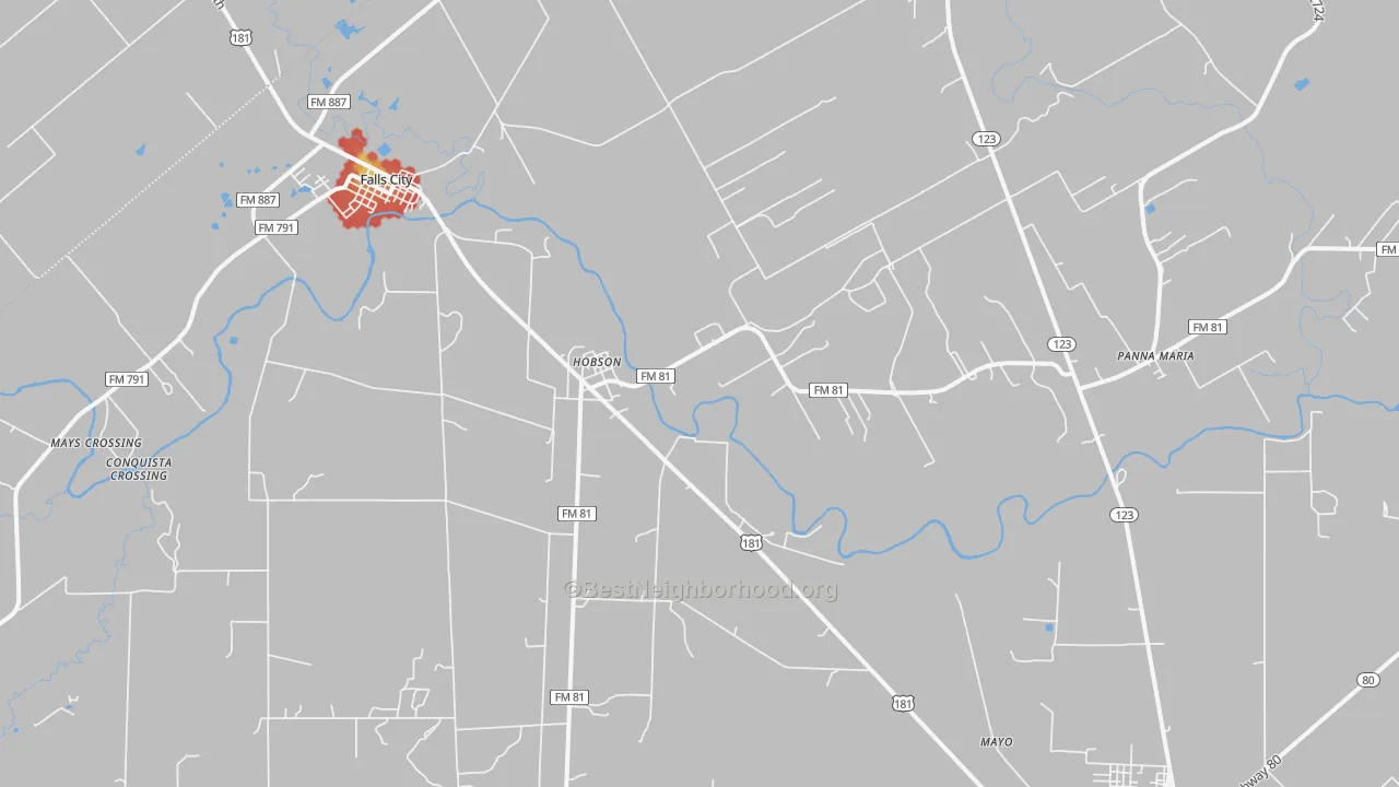 Walk Grade map of Hobson, TX, walkable areas in green and car-dependent areas in red