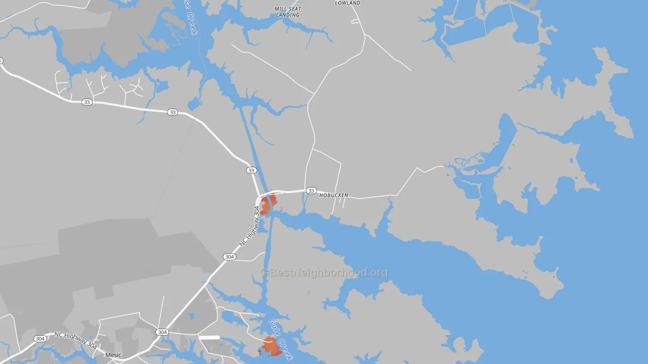 Walk Grade map of Hobucken, NC, walkable areas in green and car-dependent areas in red