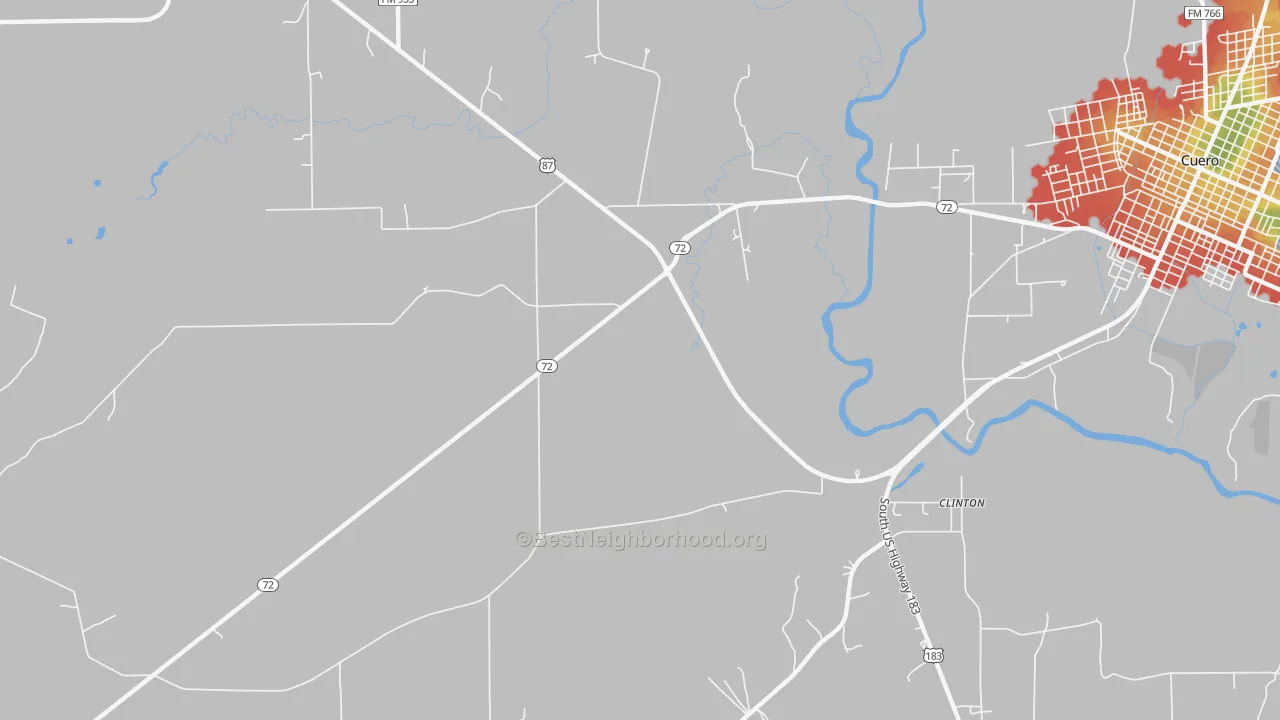 Walk Grade map of Hochheim, TX, walkable areas in green and car-dependent areas in red