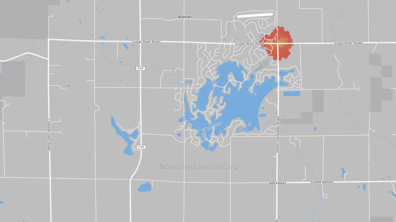 Walk Grade map of Hockaday, MI, walkable areas in green and car-dependent areas in red