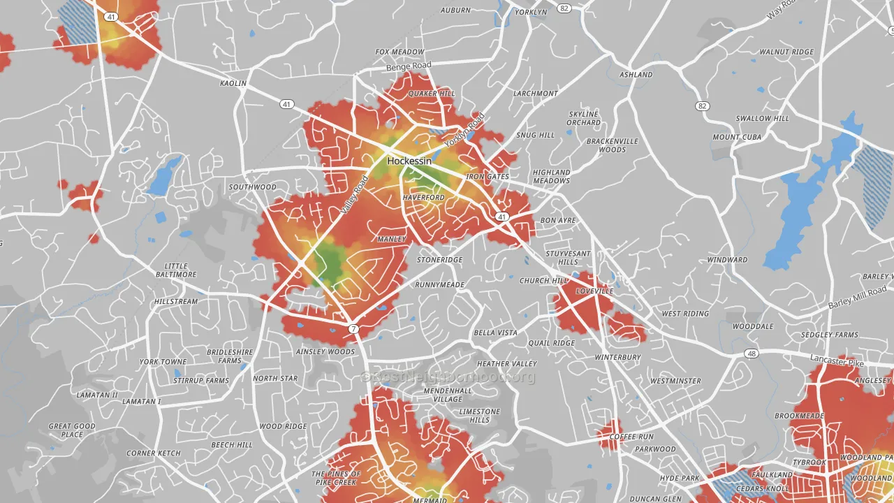 Walk Grade map of Hockessin, DE, walkable areas in green and car-dependent areas in red