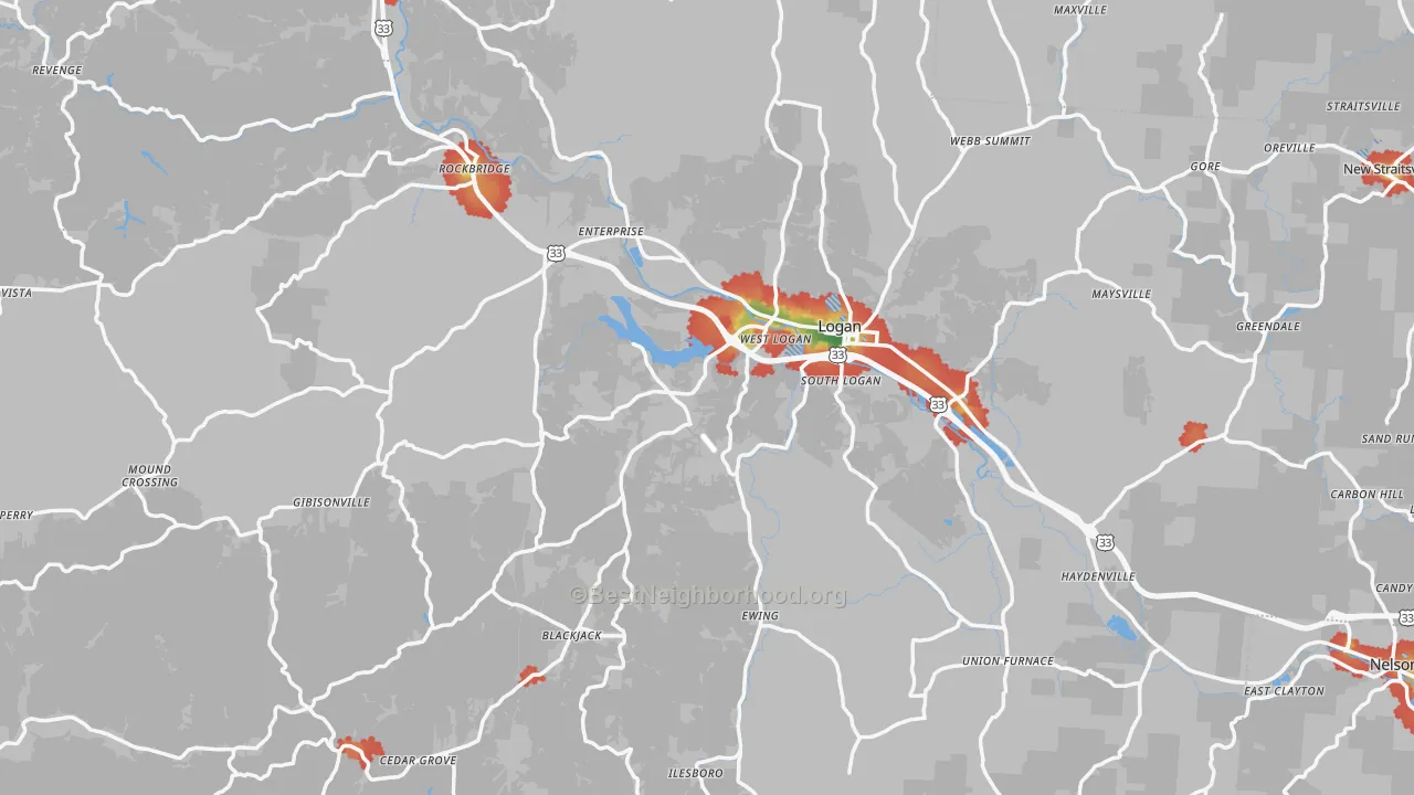 Walk Grade map of Hocking County, OH, walkable areas in green and car-dependent areas in red
