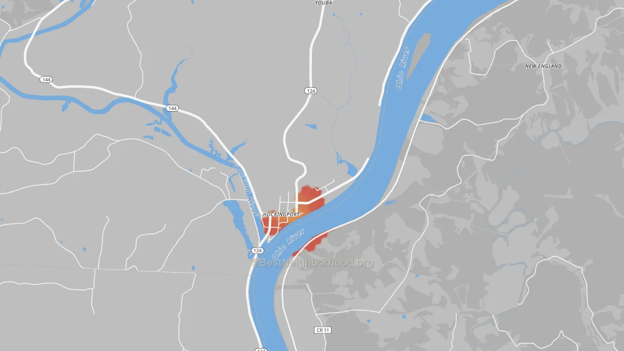 Walk Grade map of Hockingport, OH, walkable areas in green and car-dependent areas in red