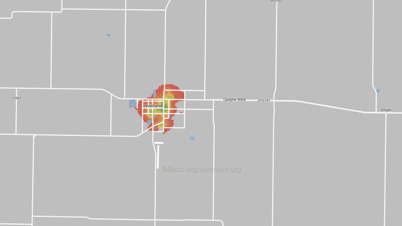 Walk Grade map of Hockley County, TX, walkable areas in green and car-dependent areas in red
