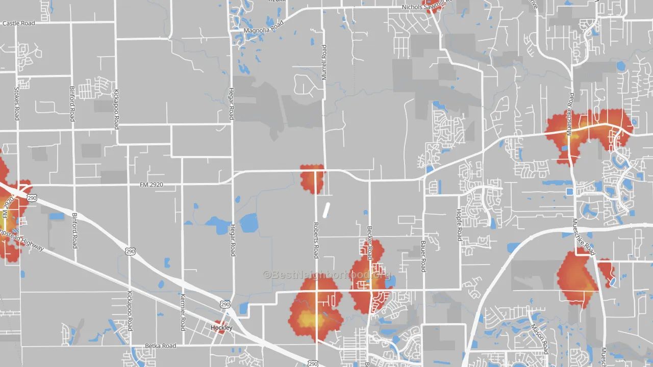 Walk Grade map of Hockley, TX, walkable areas in green and car-dependent areas in red