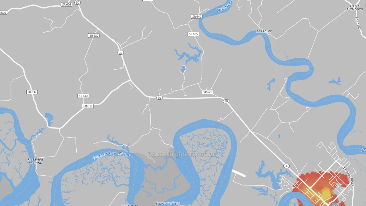 Walk Grade map of Hockley, VA, walkable areas in green and car-dependent areas in red
