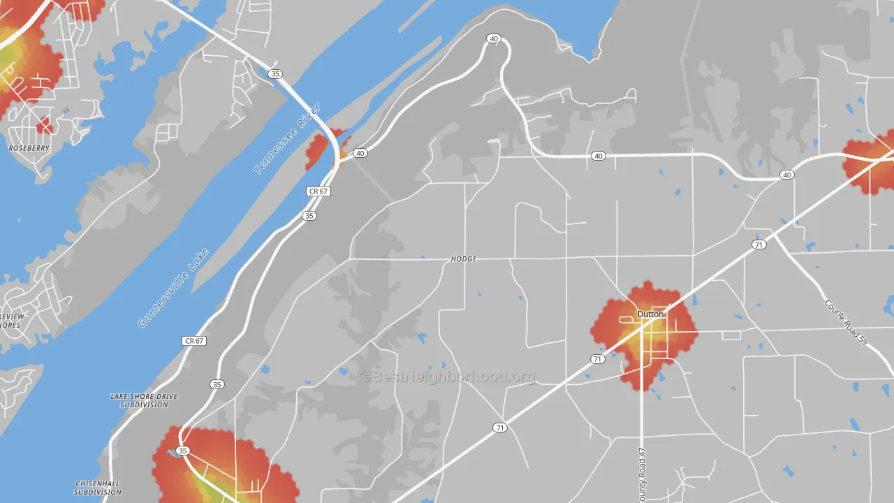 Walk Grade map of Hodge, AL, walkable areas in green and car-dependent areas in red