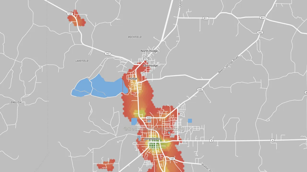 Walk Grade map of Hodge, LA, walkable areas in green and car-dependent areas in red