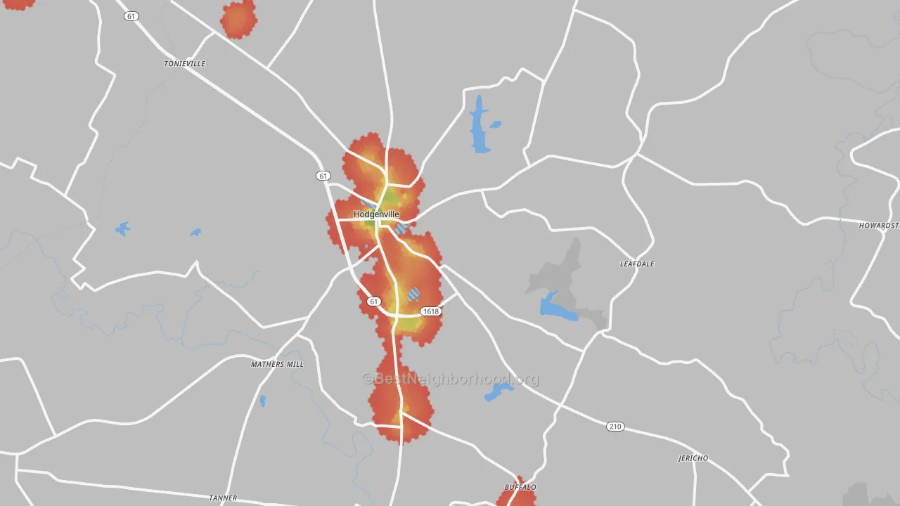 Walk Grade map of Hodgenville, KY, walkable areas in green and car-dependent areas in red