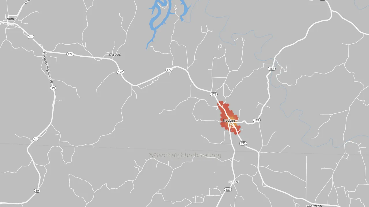 Walk Grade map of Hodges, AL, walkable areas in green and car-dependent areas in red