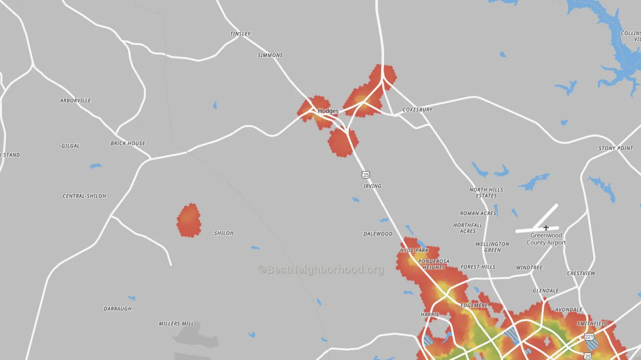 Walk Grade map of Hodges, SC, walkable areas in green and car-dependent areas in red